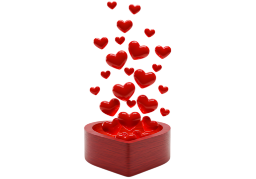 Red hearts overflow from wooden heart box