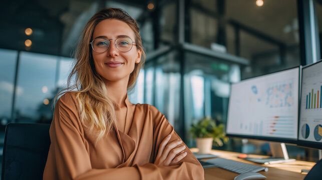 Business woman portrait in office with computer and financial charts