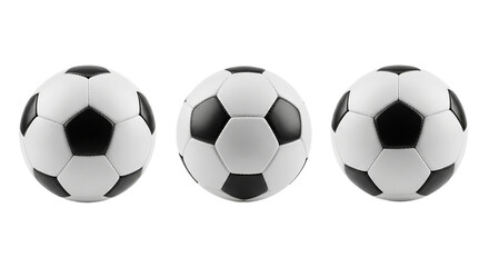 Three soccer balls arranged in a row against a black background in a studio setting view from front