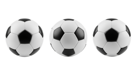 Three soccer balls arranged in a row against a black background in a studio setting view from front