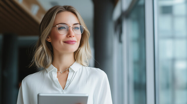Portrait of beautiful businesswoman with tablet in office looking ahead