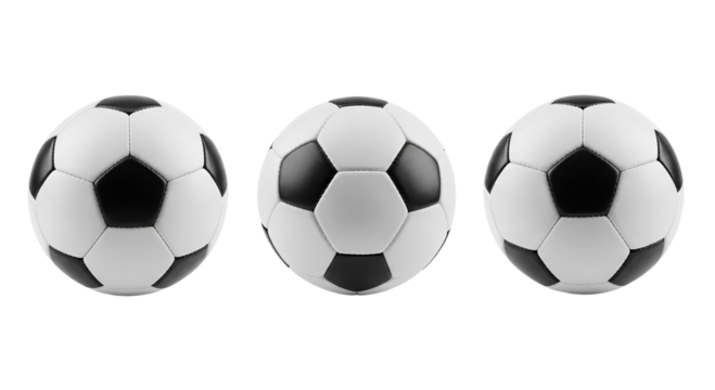 Three soccer balls arranged in a row against a black background in a studio setting view from front