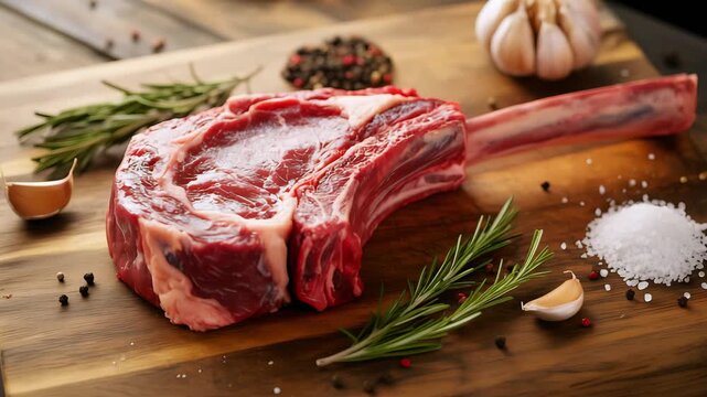 Cinematic Video Close-Up of Raw Tomahawk Ribeye Steak with Seasoning on Rustic Wooden Cutting Board