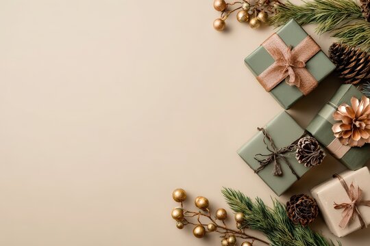 Arrangement of elegantly wrapped seasonal gifts with natural greenery and golden accents frames the right side of a neutral background