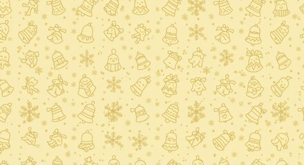 Festive Christmas Pattern: Golden Bells and Snowflakes on Pale Yellow Background
