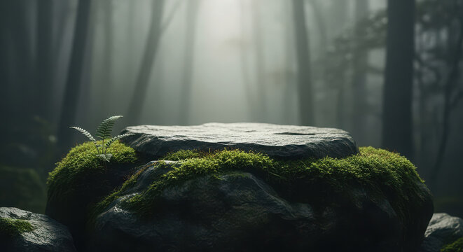 Misty forest stump scene with sunbeams and moss