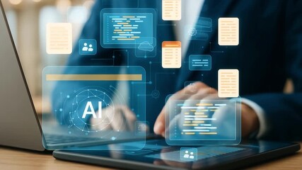 Artificial intelligence development and coding technology with holographic digital interface, business professional using laptop for data driven innovation - Powered by Adobe
