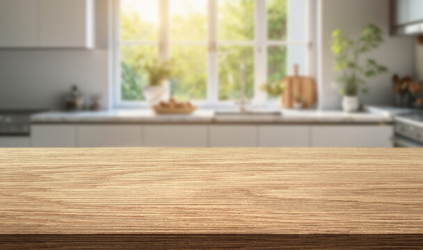 Empty wooden table with white interior of bright kitchen