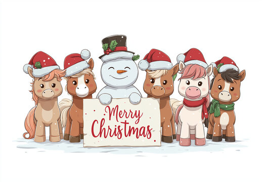 Cute ponies in Santa hats stand together beside a snowman holding a &ldquo;Merry Christmas&rdquo; sign.