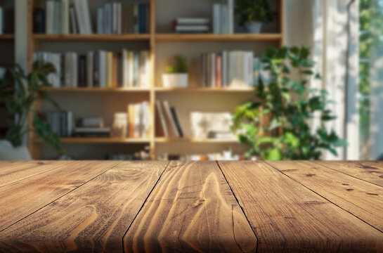 Wooden table top for educational purposes on blurred bookshelf and autumn window interior background. Original work - no AI used
