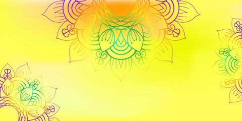 Hand drawn intricate multicolor mandala design on yellow. Vector mandala background for decoration invitation, cards, logos, cover, brochure, flyer, banner. Islam, arabic, Indian, ottoman motifs