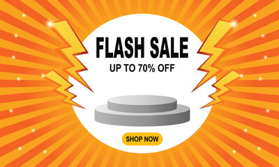 Flash sale promotion with up to 70% off on orange background with lightning bolts and a podium stand