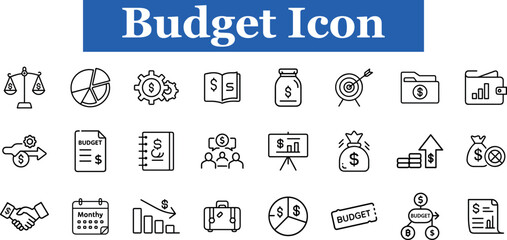 Collection of budget and finance icons, including scales, pie chart, gears, book, jar, target, folder, wallet, handshake, calendar, graph, briefcase, money bag, and flowchart