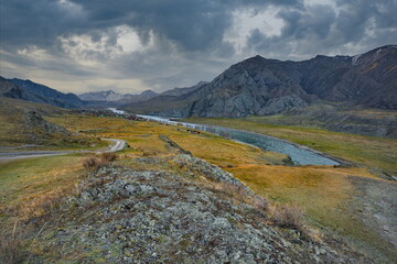 Russia. Western Siberia, Altai Mountains. Picturesque autumn view of the Katun River valley near the village of Inegen.