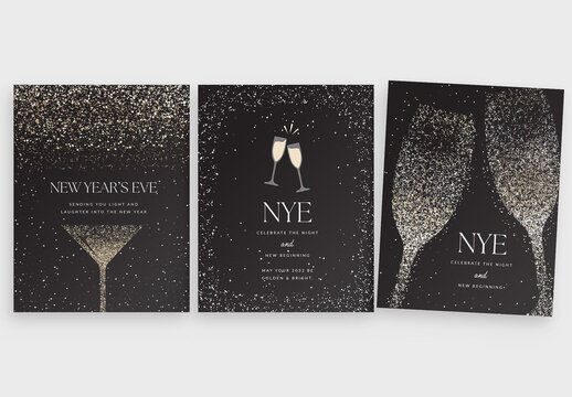 NYE New Years Eve Poster Flyer Template with Champagne Glass Vector in Luxury Black & Gold Sparkles