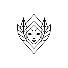 Obraz premium Minimalist Line Art Vector Logo of Woman's Face Framed by Leaves - Nature Beauty Emblem