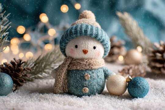 Knitted snowman figure sits in artificial snow surrounded by festive decorations and warm lights