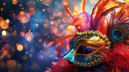 Enchanting masquerade mask adorned with vibrant feathers and peacock accents, set against a bokeh background, perfect for festive celebrations and glamorous events.