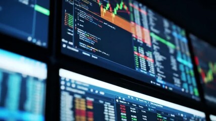 Financial stock market data analysis on multiple computer screens showcasing charts and graphs - Powered by Adobe