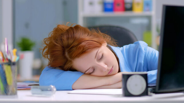 Tired office woman sleeping at her desk in the office