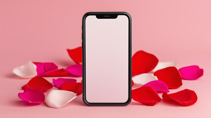 Smartphone with blank screen surrounded by colorful rose petals on a pink background with copy space