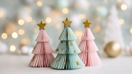 Pastel paper Christmas tree decorations with gold glitter stars and bokeh lights