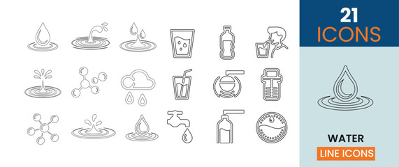 Naklejka premium collection of water related line icons depicting drops plants bottles glasses and various hydration symbols
