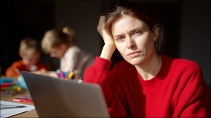 Tired mother works from home on a laptop while her children are in the background