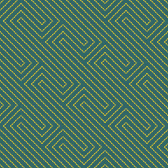 Seamless geometric maze line pattern with teal background and yellow lines for modern design projects