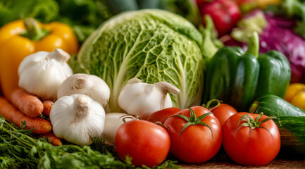 Close up of fresh organic vegetables including tomatoes garlic and cabbage