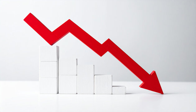 Minimalist white graph with red arrow pointing down, financial decline, business risk and market loss