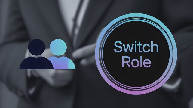 3D Render of a 'Switch Role' Function with Overlapping User Icons and a Circular Loading Bar, Symbolizing Access Management, Account Switching, and User Permissions