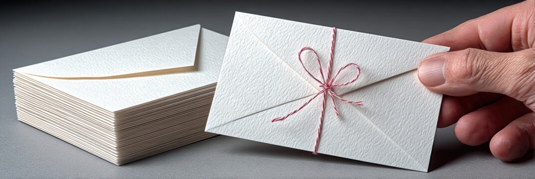A hand holds a tied envelope next to a stack of similar ones on a gray background, showcasing elegant stationery
