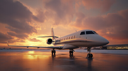 Obraz premium A luxurious private jet sits on the tarmac ready for departure as the sun sets in the background. The scene captures the elegance of private air travel and upscale lifestyle