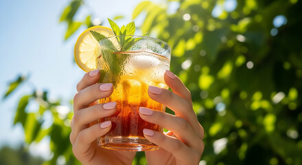 Hands holding refreshing iced tea in sunlight