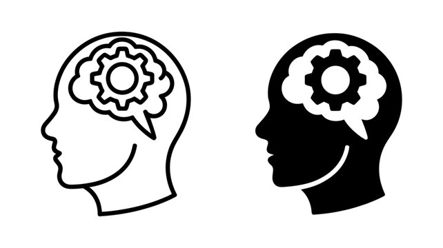 Human head with gear inside, representing thinking process, symbolizes intelligence, creativity, and problemsolving skills