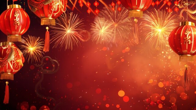 Vibrant red lanterns illuminate a festive night sky filled with dazzling fireworks and a majestic dragon, perfect for Lunar New Year celebrations and cultural events.