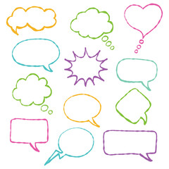 Set colorful speech bubbles in doodle style on white background. Collection chat icon design for sticker, decoration, website, app and planner.