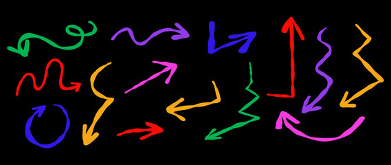 Set arrows pointing in different directions. Colored arrow icons on black background for websites, flyers, educational materials and other.