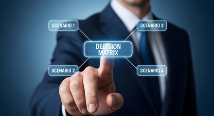 Businessman touching interactive screen displaying business strategy and decision making process