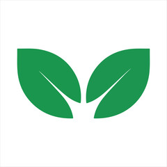 Two stylized green leaves with a white vein detail on a white background representing growth and nature