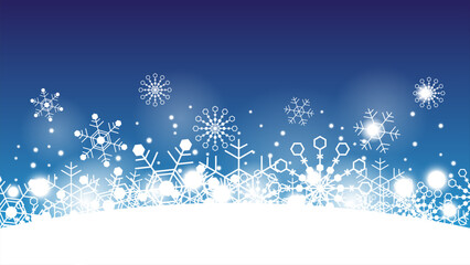Christmas background vector with snow, drifts, and scattered snowflakes on a blue gradient sky.