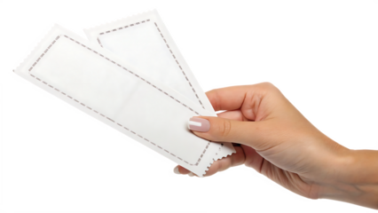 Woman’s hand holding two blank white paper tickets cut out on PNG. AI GENERATED.
