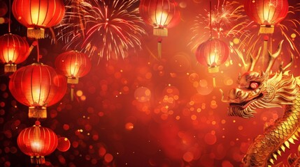 Vibrant red lanterns illuminate a festive scene with a golden dragon and dazzling fireworks, perfect for Lunar New Year celebrations and cultural events.