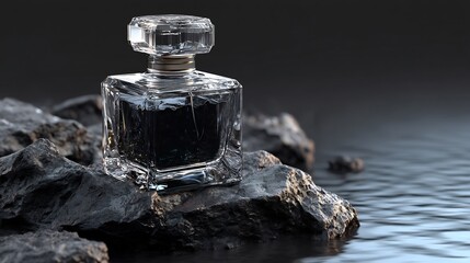 Elegant Fragrance Bottle Resting on Rocky Near Still Water with a Dramatic Dark Background