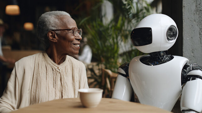 Elderly happy black woman chatting with a friendly robot in a modern home - Powered by Adobe