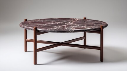 Elegant round coffee table with marble top and wooden legs in a minimalist aesthetic, studio shot.