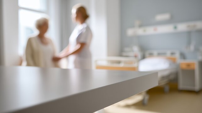 nurse assisting senior woman in hospital room