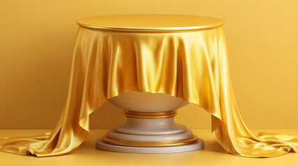 Elegant, Gold-Draped Pedestal with Luxurious Silk and Vibrant Yellow Background for Presentation.