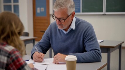 Experienced male educator diligently reviewing student assignments at a classroom desk, a focused scene of academic assessment and commitment to learning